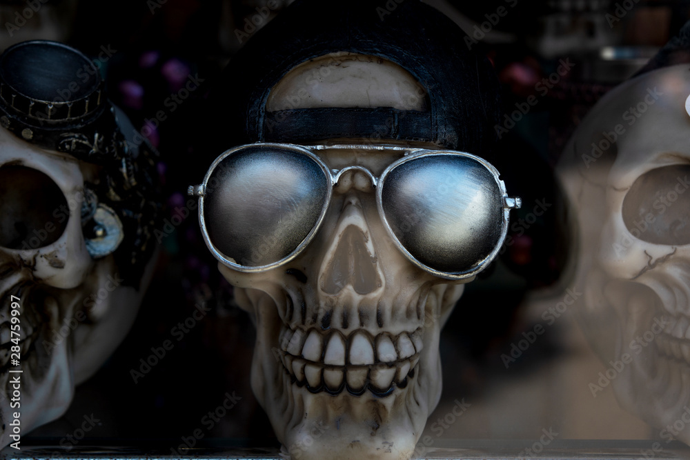 Close up of skull souvenir wearing sunglasses in a shop's window display Close up of skull souvenir wearing sunglasses in a shop's window display