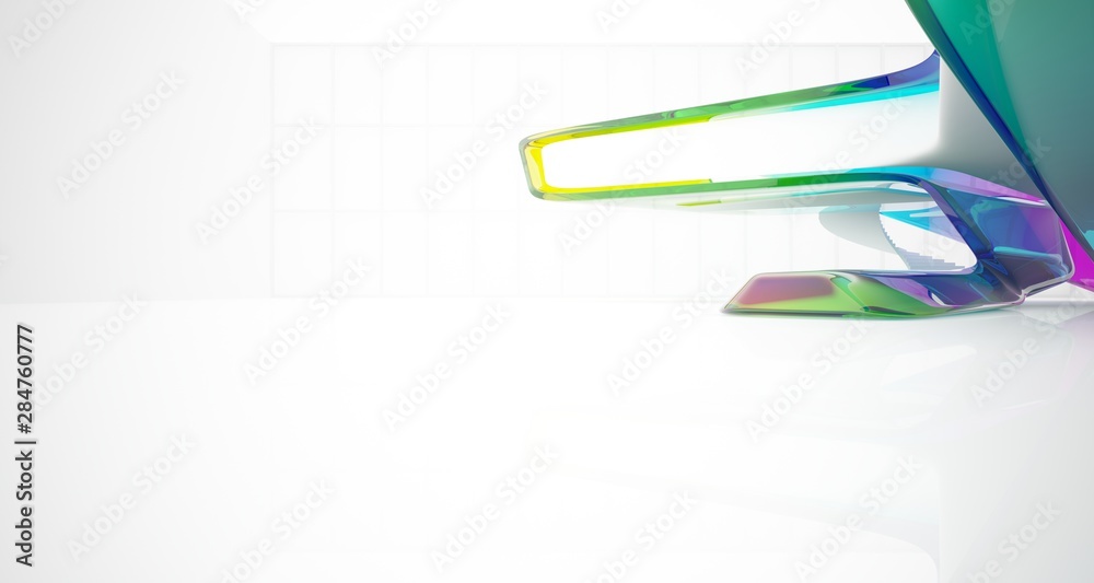 Abstract smooth architectural white and glass gradient color interior of a minimalist house with large windows. 3D illustration and rendering.