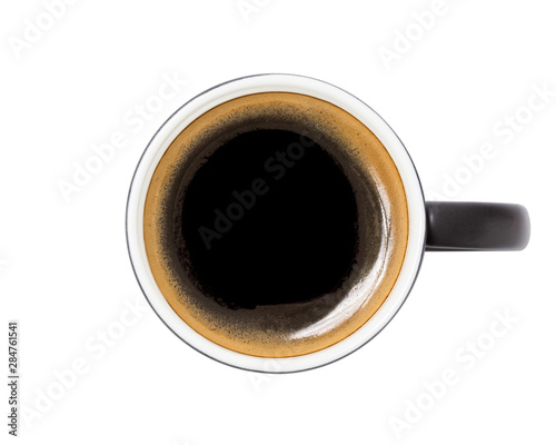 coffee cup, top view of coffee black in black ceramic cup isolated on white background. with clipping path.