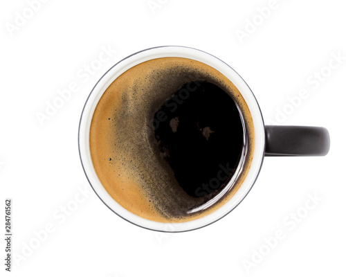 coffee cup, top view of coffee black in black ceramic cup isolated on white background. with clipping path.