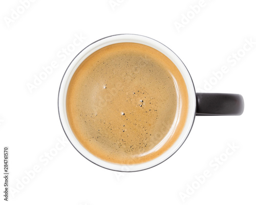 coffee cup, top view of coffee black in black ceramic cup isolated on white background. with clipping path.
