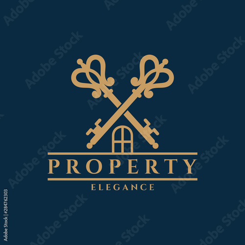 elegant crossed key for real estate logo, flat vintage style, luxury property icon, house marketing symbol