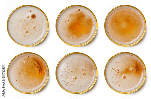 beer bubbles in glass cup on white background. top view collection beer bubbles isolated on white background.