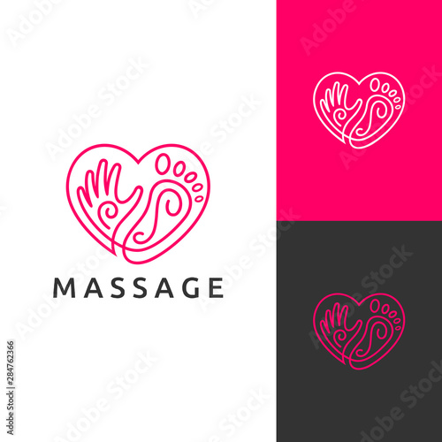 massage logo.line art style.heart/love icon with hand and foot.spa and health clinic symbol.simple modern design