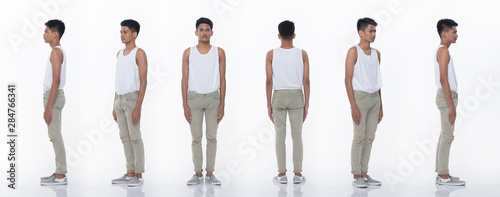Collage pack group of Asian Teenager man express many acting posing in full length snap body. Studio lighting white background isolated.