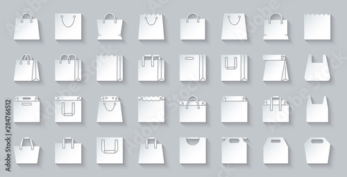 Eco shopping bag simple paper cut icons vector set
