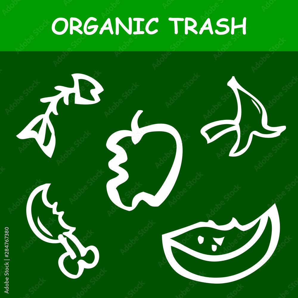 Sticker for Trash Bin, Simple Vector Hand Draw Sketch, organic Trash, Apple, Banana Skin, Fish Bone, Bited Chicken Leg, Watermelon at green