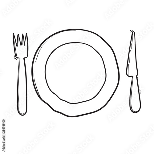 Drawing of plate, knife and fork hand drawn doodle style