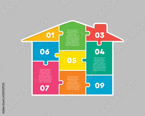 House puzzle jigsaw pieces nine option infographic