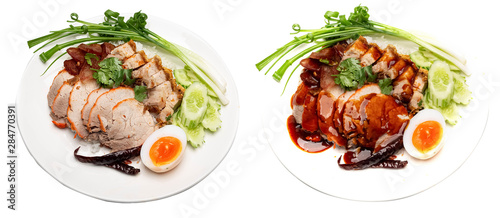 Red pork rice and crispy pork.Popular food of Thai people