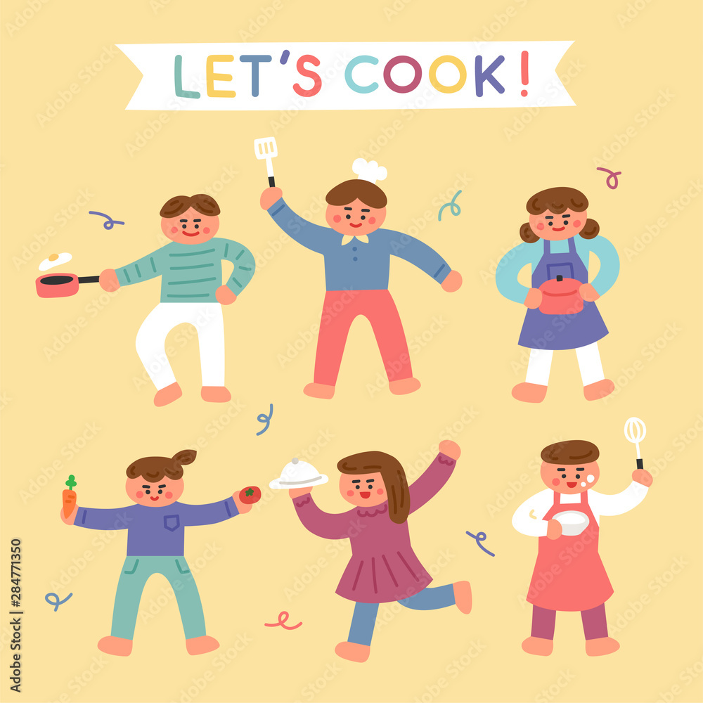 Cute kids are doing exciting poses with cooking utensils. flat design style minimal vector illustration. Cute kids are doing exciting poses with cooking utensils. flat design style minimal vector illustration.