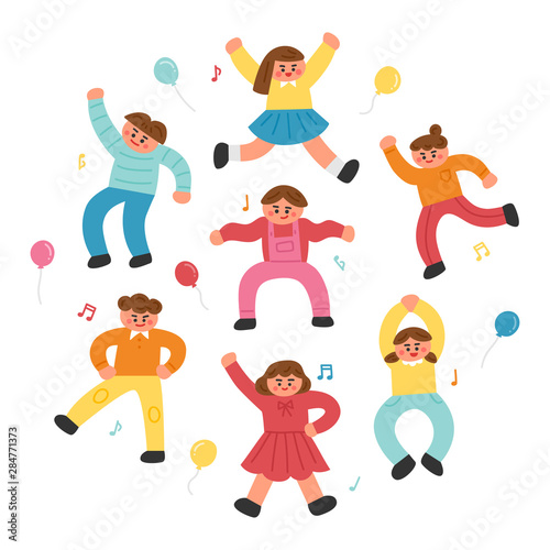 Cute kids are dancing to the music. flat design style minimal vector illustration.