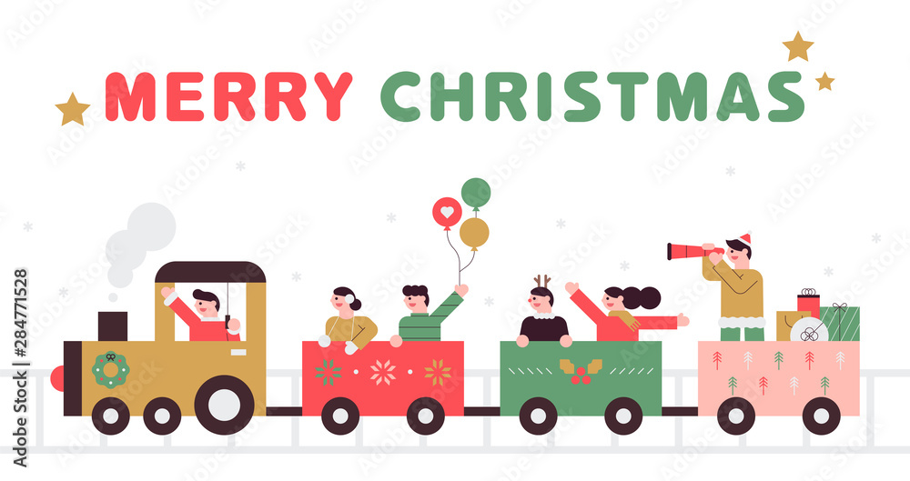 People on the Christmas train are having fun. flat design style minimal vector illustration.