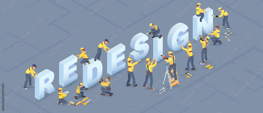 Isometric redesign services concept. Builders installed letters. Isolated Vector illustration. - obrazy, fototapety, plakaty 