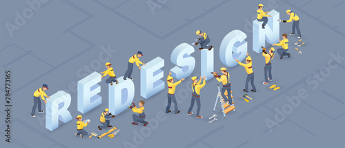 Isometric redesign services concept. Builders installed letters. Isolated Vector illustration.