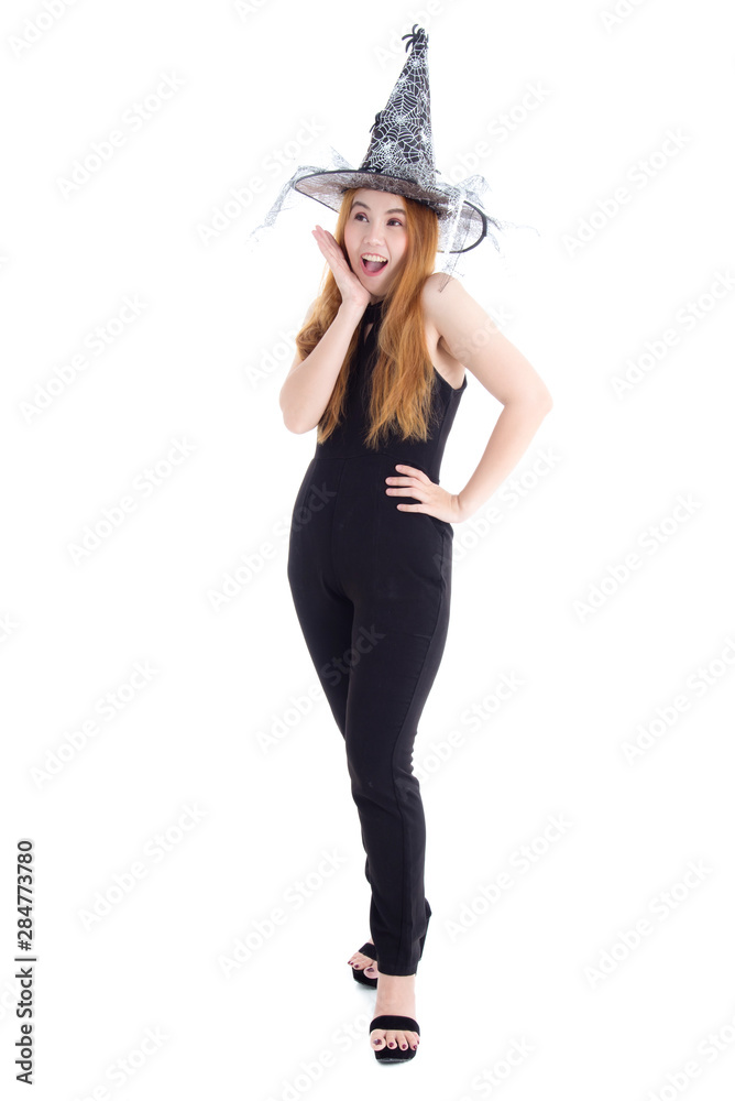 Pretty asian woman in black bodysuit wearing witch hat for Halloween festival isolated over white background. Pretty asian woman in black bodysuit wearing witch hat for Halloween festival isolated over white background.