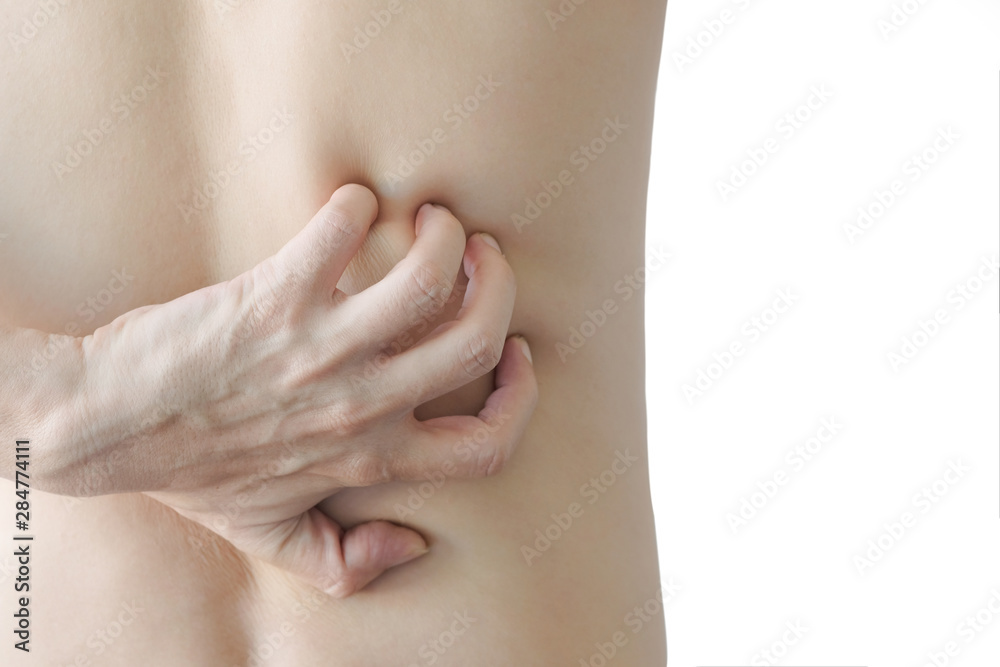 Fototapeta premium The man's hands he uses his hands to scratch his back because of dermatitis and itch sensation.