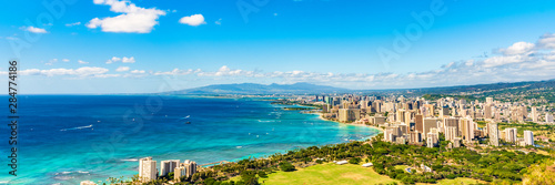 Hawaii panoramic banner view of Honolulu Waikiki beach USA summer travel vacation. Famous american honeymoon destination.