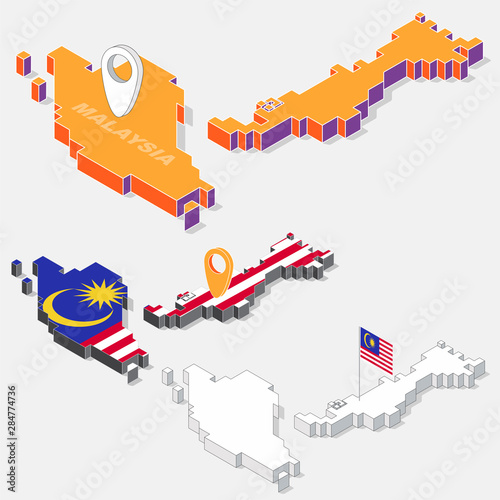 Malaysia flag on map element with 3D isometric shape isolated on background, vector illustration