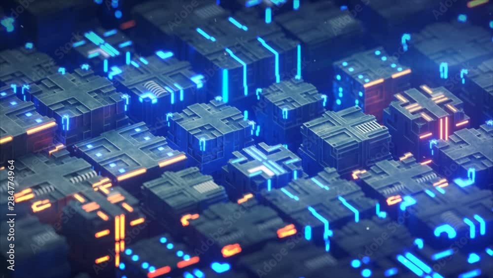 Panning of illuminating blue cubes float. Futuristic industrial or sci-fi concept. Seamless loop 3D render animation with DOF