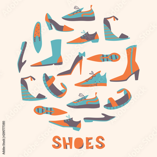 Collection of Different Doodle Shoes. Hand Drawn Illustration Isolated on White Background.