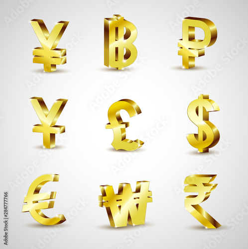World 3d gold world currency isolated on white background, vector illustration