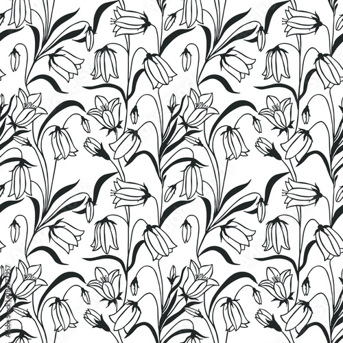 Seamless pattern, eps10 vector illustration. Flowers bluebells hand drawing. Line art.