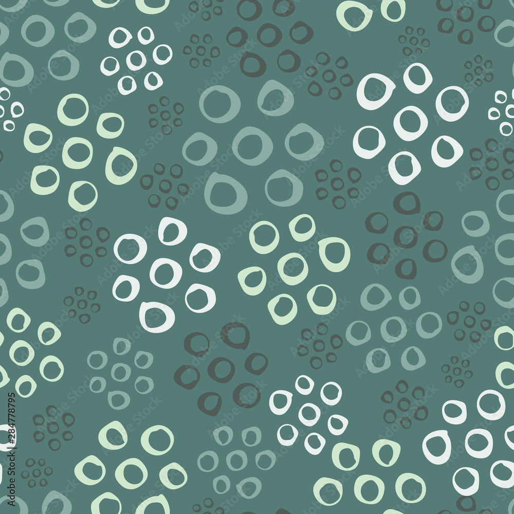 Vector seamless pattern with irregular doodle circles texture. Green doodle rings on dark green background. Abstract vector background. Wallpaper, fabric, paper, textile. Hand drawn.