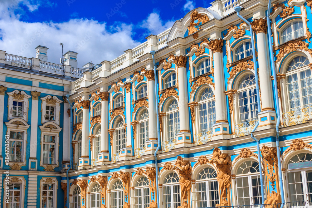 Catherine Palace is a Rococo palace located in the town of Tsarskoye Selo (Pushkin), 30 km south of Saint Petersburg, Russia. It was the summer residence of the Russian tsars
