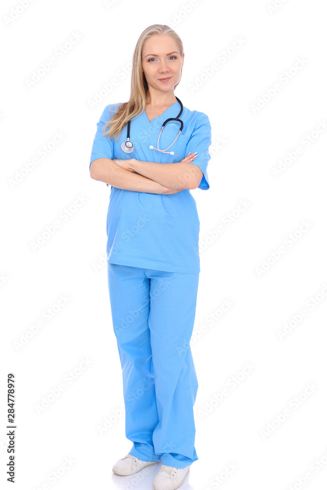 Doctor woman or nurse isolated over white background. Cheerful smiling medical staff representative. Medicine concept Doctor woman or nurse isolated over white background. Cheerful smiling medical staff representative. Medicine concept