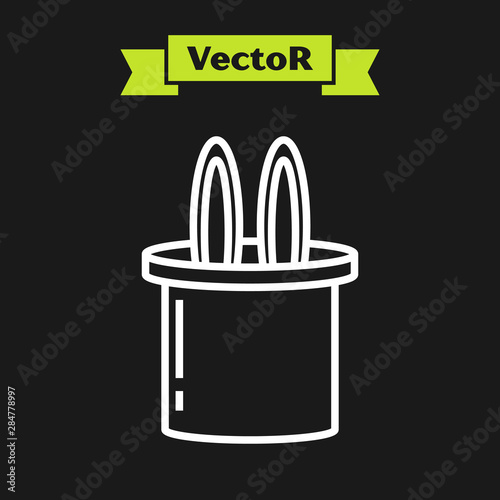 White line Magician hat and rabbit ears icon isolated on black background. Magic trick. Mystery entertainment concept. Vector Illustration