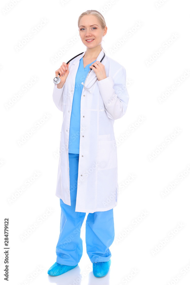 Doctor woman or nurse isolated over white background. Cheerful smiling medical staff representative. Medicine concept Doctor woman or nurse isolated over white background. Cheerful smiling medical staff representative. Medicine concept
