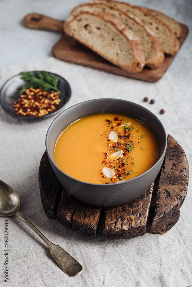 Vegan Pumpkin Soup on a Linen Tablecloth Vegan Pumpkin Soup on a Linen Tablecloth