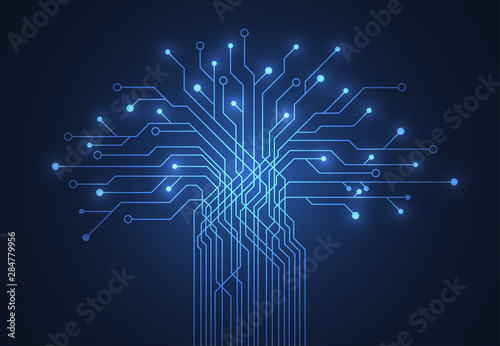 Abstract background with technology tree circuit board texture. Electronic motherboard illustration. Communication and engineering concept. Vector illustration