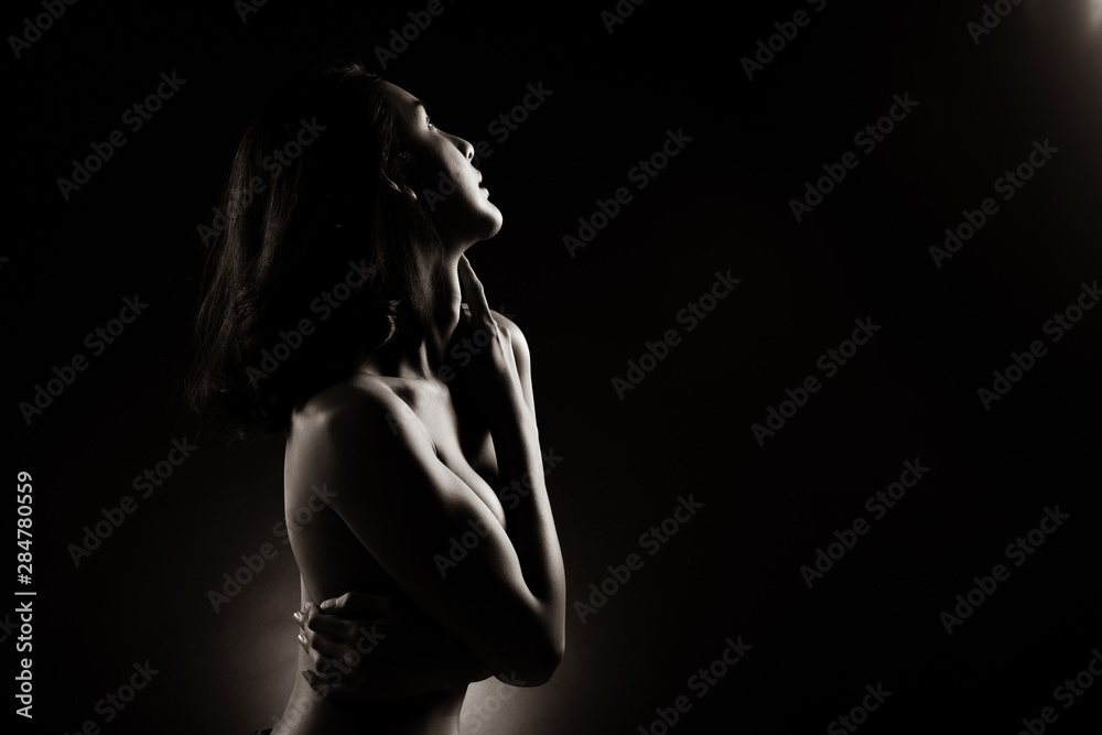 Slim Sexy woman in Black White Monotone sensual post short black hair turn shape body, Beautiful Slim Sexy woman in Black White Monotone sensual post short black hair turn shape body, Beautiful