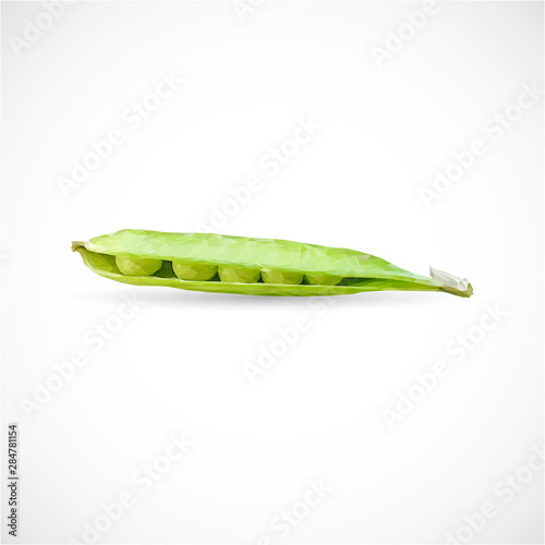 Green peas polygonal. Low poly fresh green peas. Elements for label design. Vector illustration. Ingredients in triangulation technique.