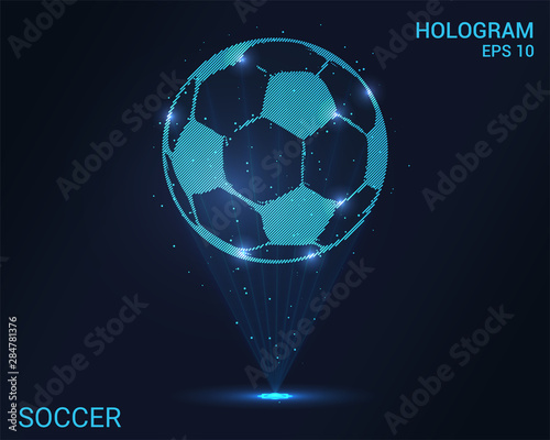 Hologram ball soccer. Holographic projection of football. Flickering energy flux of particles. Scientific sports design.