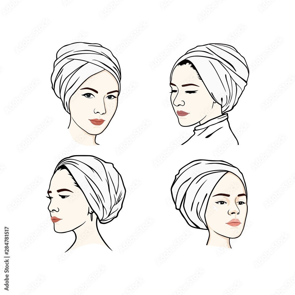 Beautiful Turban Girl Hairstyle Set, Moslem Hijab Girl Vector Design. Logo Illustration Template Beautiful Turban Girl Hairstyle Set, Moslem Hijab Girl Vector Design. Logo Illustration Template