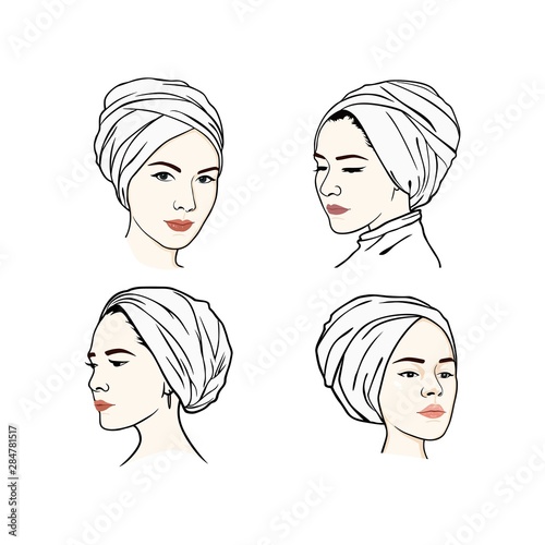 Beautiful Turban Girl Hairstyle Set, Moslem Hijab Girl Vector Design. Logo Illustration Template