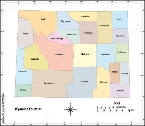 Wyoming state outline administrative and political map in color