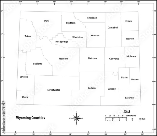 Wyoming state outline administrative and political map in black and white
