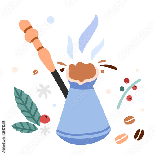 Simple trendy flat design vector illustration of turkish cezve pot brewing alternative method. Scandinavian naive style haddrawn illustration.
