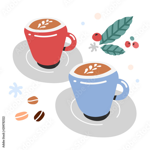 Simple trendy flat design vector illustration of cappuccino coffee with cream in cups. Scandinavian naive style haddrawn illustration.