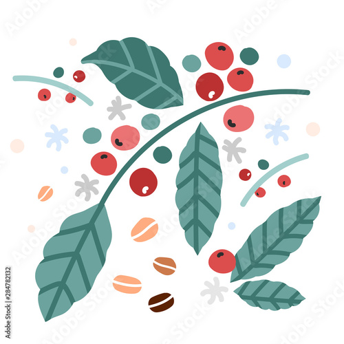 Simple hand drawn vector illustration of coffee plant branches with leaves and berries, Trendy scandinavian naive handdrawn sketch style.