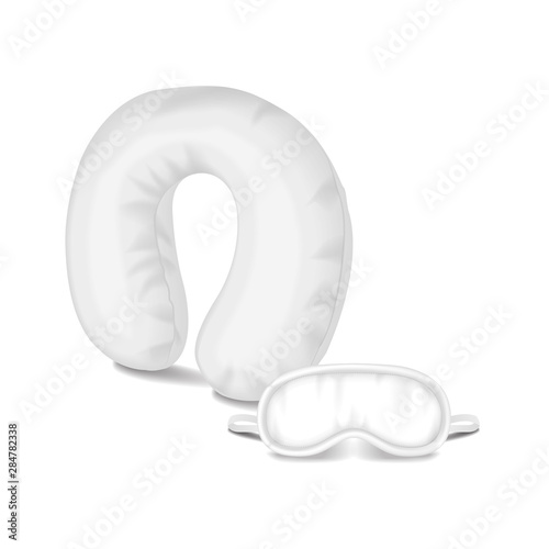 White Blank Pillow Travel for Neck and sleeping mask. Empty Template Mockup Set. Vector illustration on white background