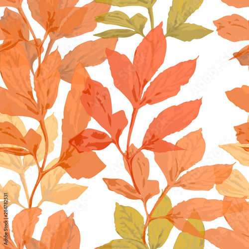 Autumn nature vector seamless pattern. Hand drawn abstract multi colored leaves on white background. Organic template for design, textile, wallpaper, wrapping, ceramics.