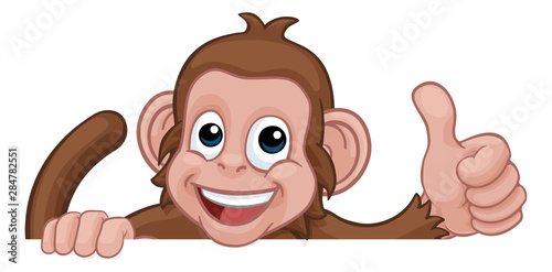 A monkey cartoon character animal peeking over a sign and giving a thumbs up