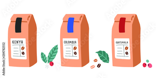 Simple trendy flat design vector illustration of different coffee blends design packaging made of paper. Scandinavian naive style haddrawn illustration.