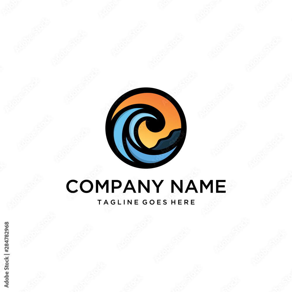 Illustration of Beautiful beach with sea waves dancing sunset time logo design