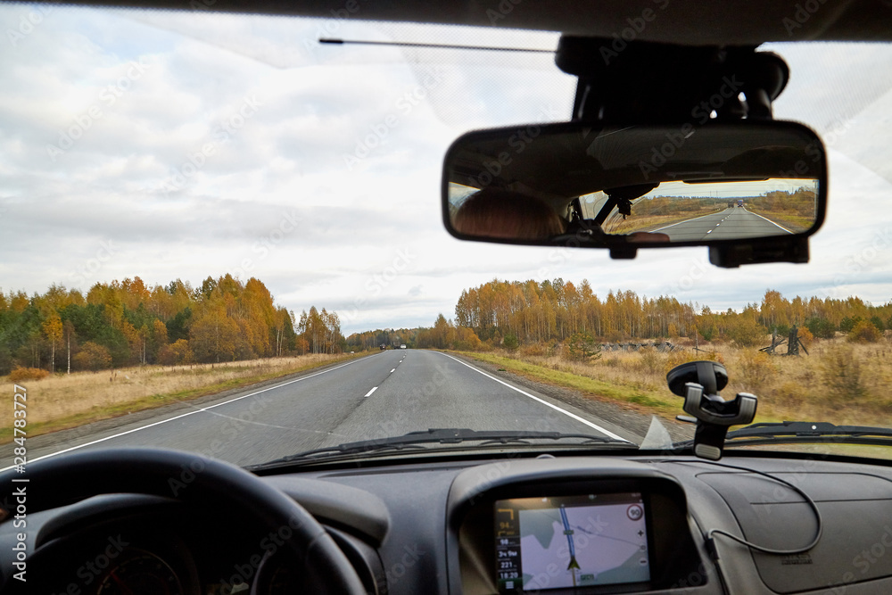View on track from the car window and natural landscape View on track from the car window and natural landscape